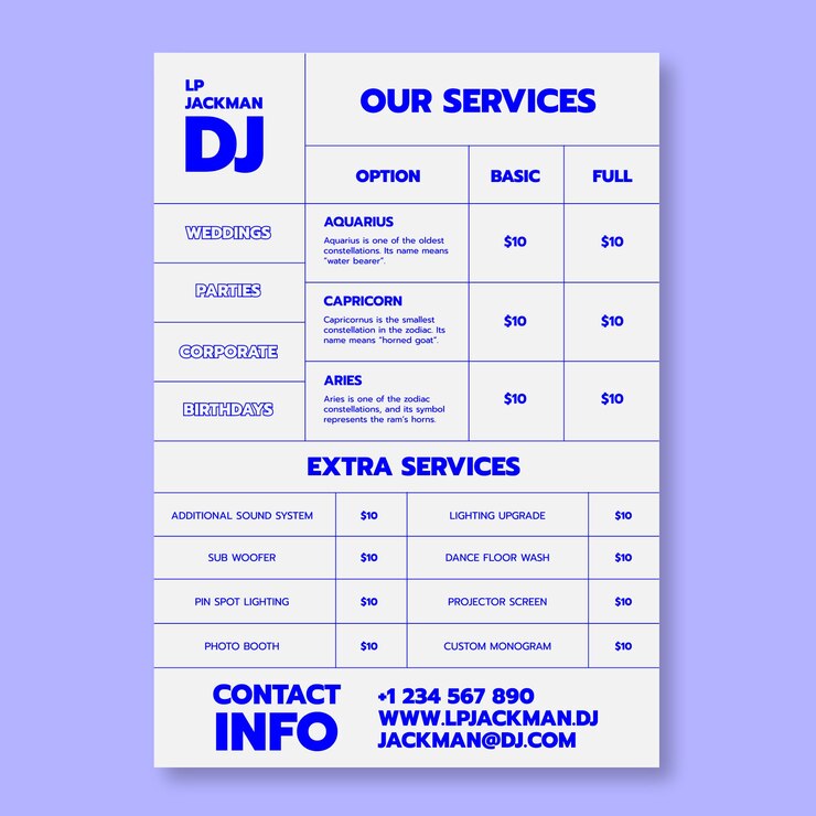 Vetor grátis modelo simples de lista de preços de dj