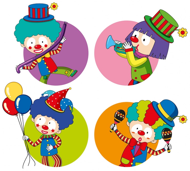 Vetor grátis modelos de adesivos com palhaços felizes