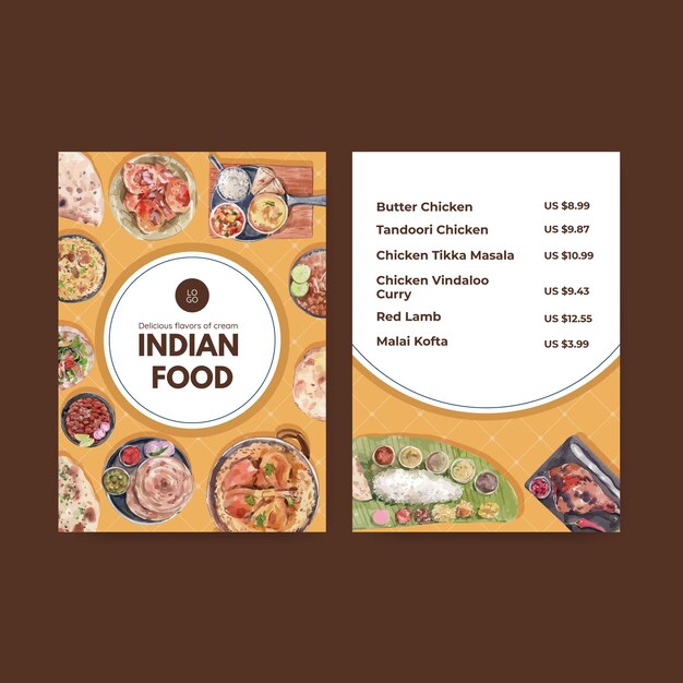 Modelos de cardápio com comida indiana