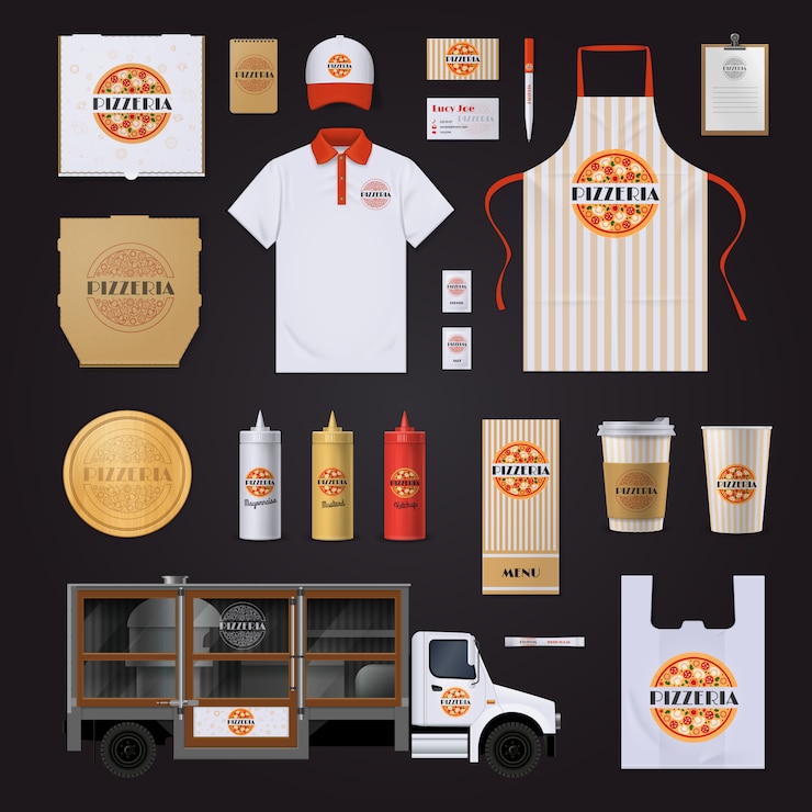Vetor grátis modelos de identidade corporativa de cadeia de restaurantes de fast food com design de pizza de pepperoni