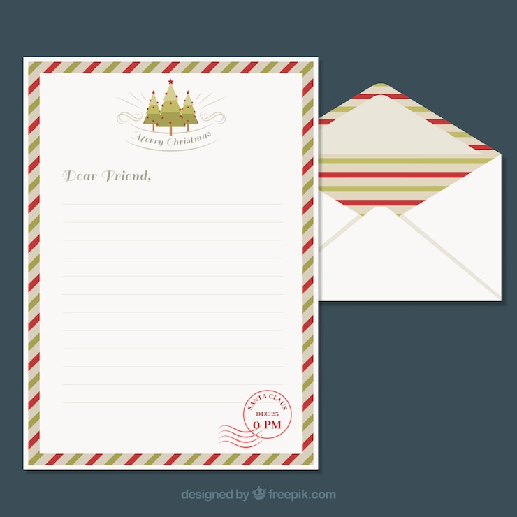 Vetor grátis modelos de uma carta e envelope de natal com um quadro listrado