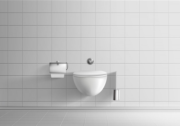 Moderna sala de banheiro minimalista interior realista vector maquete com paredes de azulejos brancos e piso