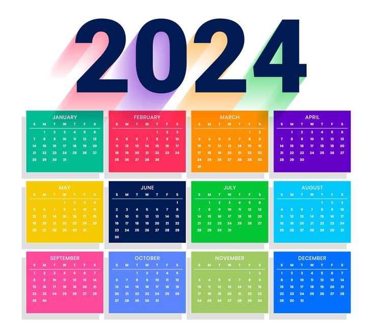 Vetor grátis moderno e colorido 2024 modelo de calendário em inglês para decoração de parede vetor