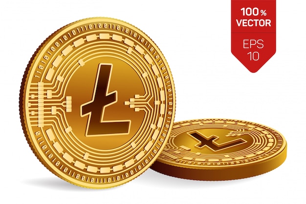 Moedas de ouro de criptomoeda com o símbolo Litecoin isolado no fundo branco.