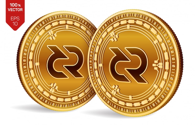 Moedas de ouro de criptomoeda com símbolo decrescente isolado no fundo branco.