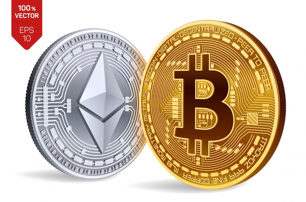 Moedas de ouro e prata de criptomoeda com bitcoin e ethereum símbolo isolado no fundo branco.