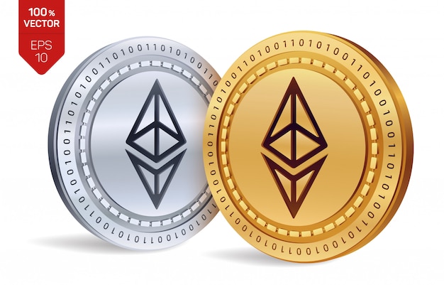 Moedas de ouro e prata de criptomoeda com ethereum símbolo isolado no fundo branco.