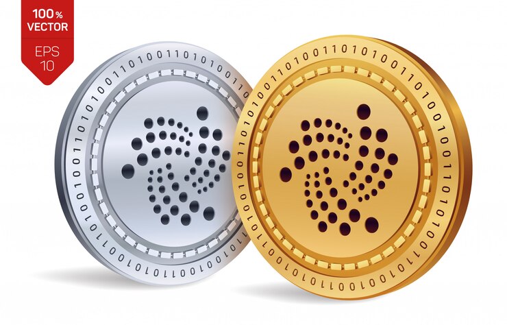 Vetor grátis moedas de ouro e prata de criptomoeda com iota símbolo isolado no fundo branco.