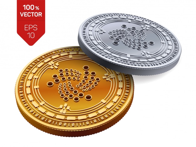 Moedas de ouro e prata de criptomoeda com Iota símbolo isolado no fundo branco.