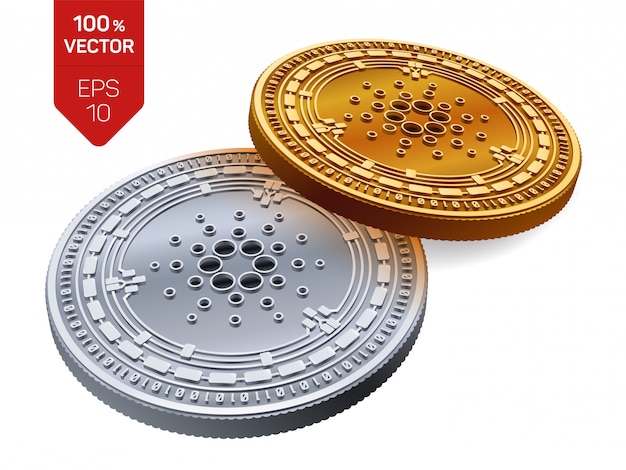 Moedas de ouro e prata de criptomoeda com o símbolo cardano isolado no fundo branco.