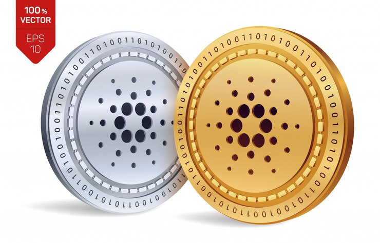Vetor grátis moedas de ouro e prata de criptomoeda com o símbolo cardano isolado no fundo branco.