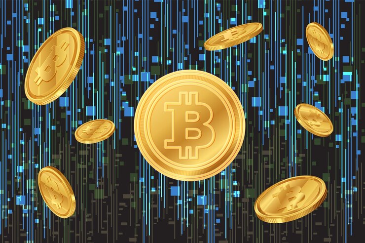 Vetor grátis moedas digitais de bitcoin no espaço virtual