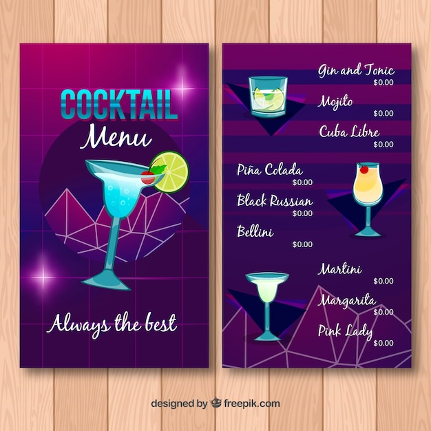 Vetor grátis molde de menu de cocktail desenhado a mão roxo