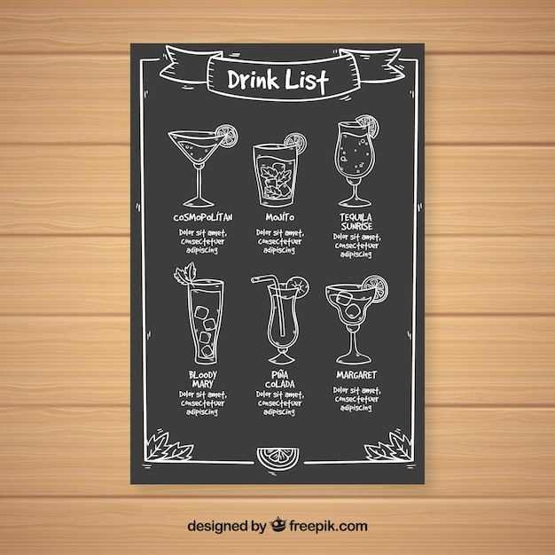 Molde de menu de cocktail exótico em estilo quadro-negro