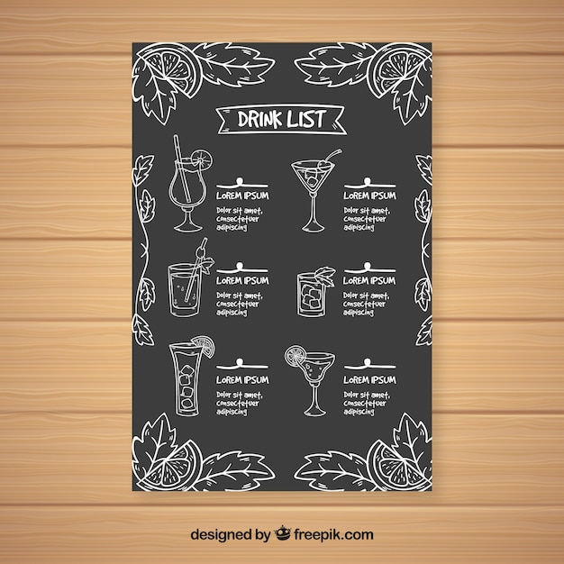 Vetor grátis molde de menu de cocktail exótico em estilo quadro-negro