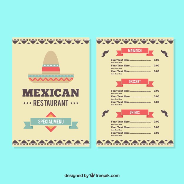 Molde de menu de comida mexicana em estilo plano