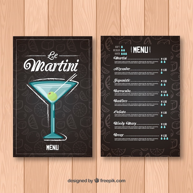 Molde de menu desenhado a mão preto para cocktails