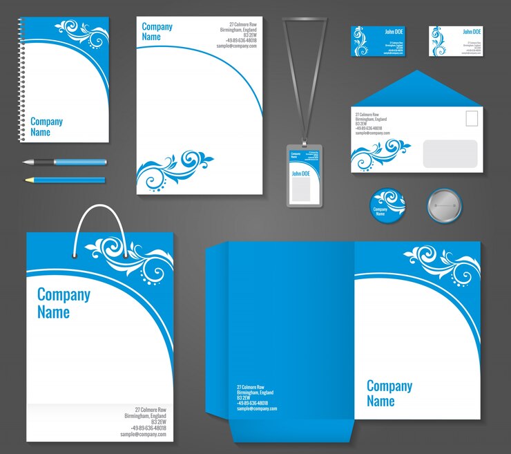 Vetor grátis molde de papelaria floral azul e branco floral curly para identidade corporativa e marca ilustração vetorial definida