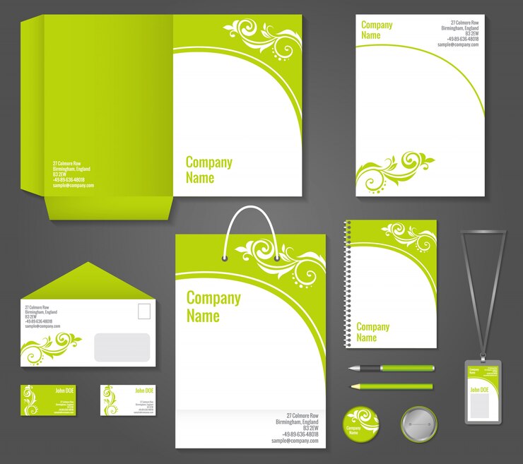 Vetor grátis molde de papelaria ondulado floral floral verde para identidade corporativa e marca ilustração vetorial definida