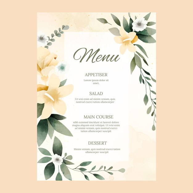 Molde do menu do casamento floral