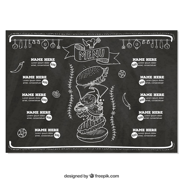 Vetor grátis molde horizontal do menu do restaurante em estilo quadro-negro