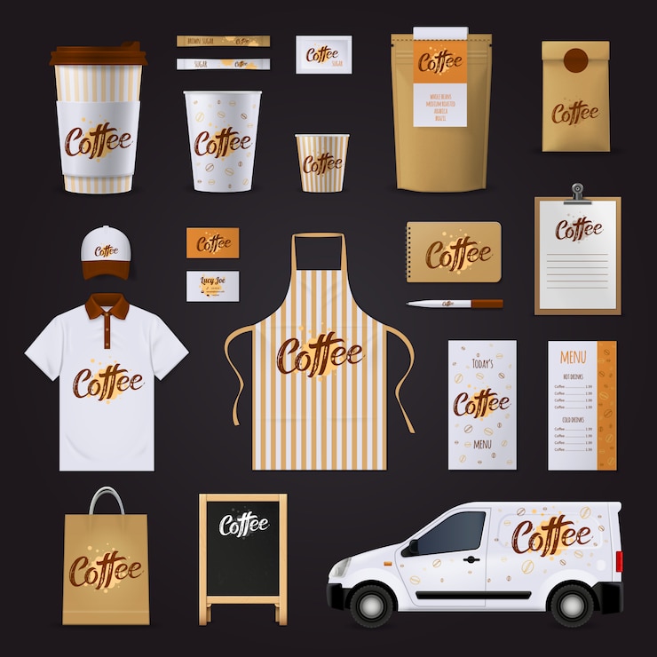 Vetor grátis molde liso do projeto da identidade corporativa do café ajustado para o café com o menu uniforme dos vidros do carro estacionário