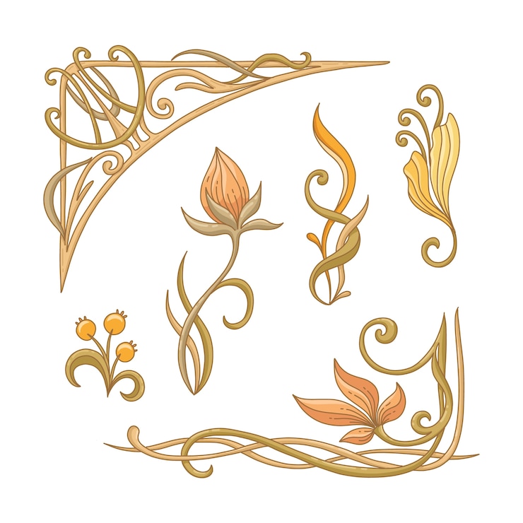 Vetor grátis moldura art nouveau desenhada à mão e coleção de ornamentos de fronteiras