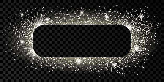 Moldura de retângulo arredondado prata com glitter, brilhos e chamas em fundo escuro e transparente. cenário de luxo vazio. ilustração vetorial.