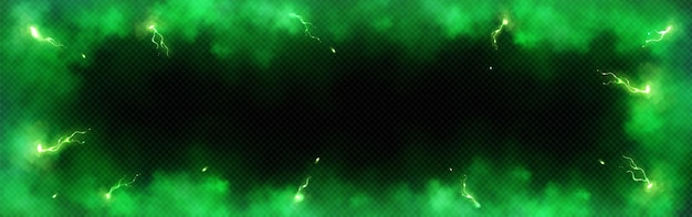 Vetor grátis moldura feita de fumaça verde e relâmpagos com efeito de sobreposição borda vetorial transparente realista com neblina e tempestade ou cargas de energia faíscas brilhantes e luminosas em fumaça