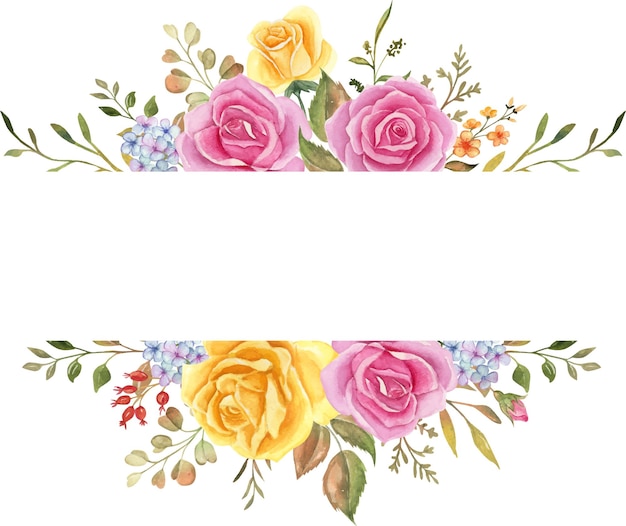 Vetor grátis moldura floral em aquarela, borda de flor em aquarela, coroa de flores, folhas e rosa rosa-amarelo,