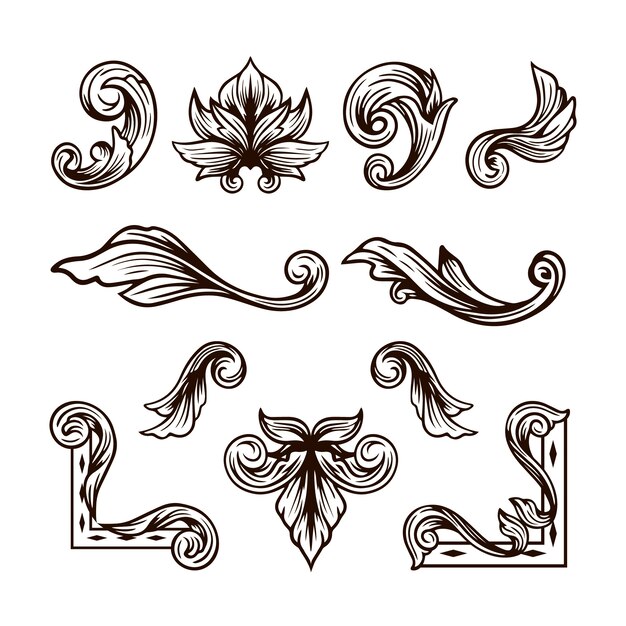 Moldura gótica desenhada à mão e coleção de ornamentos de fronteiras