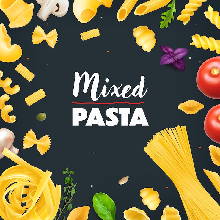 Vetor grátis moldura realista com vários tipos de ervas secas de massas italianas e legumes em ilustração vetorial de fundo preto