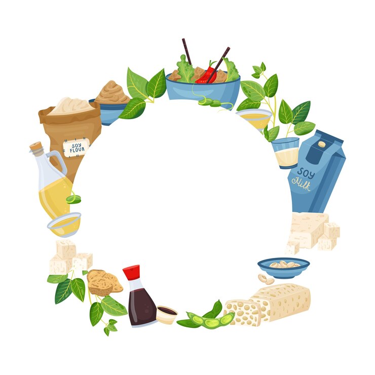 Vetor grátis moldura redonda de estilo plano com vários produtos de soja na ilustração vetorial de fundo branco