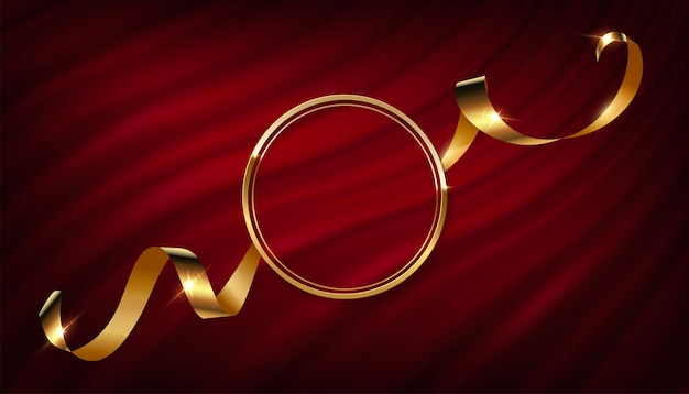 Moldura redonda dourada com fita no fundo da cortina vermelha círculo de ouro com serpentina no pano de fundo acenando