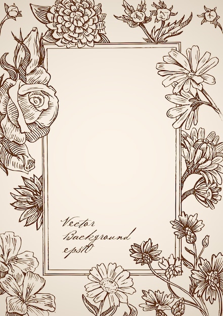 Vetor grátis moldura retangular desenhada à mão vintage gravada com elementos florais