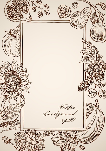 Moldura retangular desenhada à mão vintage gravada com elementos florais