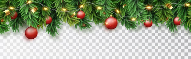 Moldura sem costura horizontal de Natal com guirlanda de diodo de ramos de pinheiro e brinquedos de Natal vermelhos