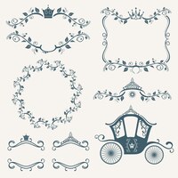 Vetor grátis molduras de royalties vintage com conjunto de coroa, diademas e carruagens