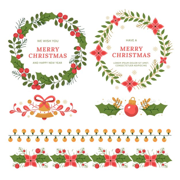 Molduras planas de natal desenhadas à mão e coleção de bordas