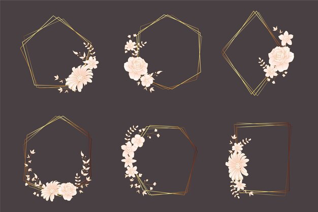 Molduras poligonais douradas com coleção de flores elegantes