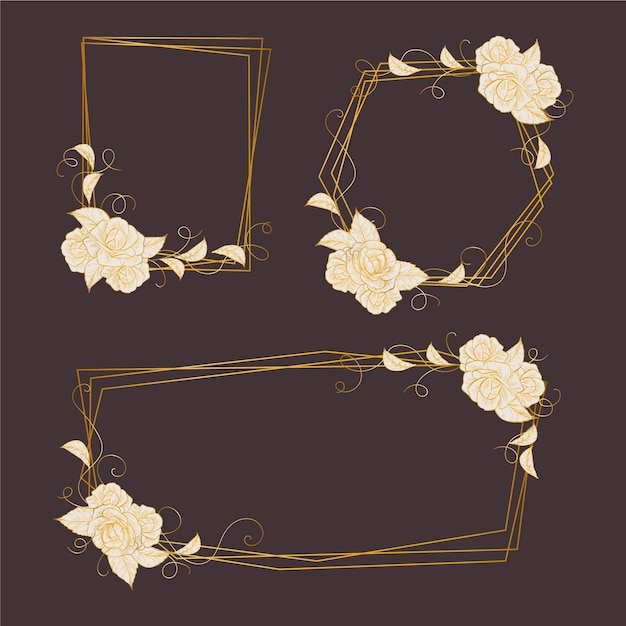 Molduras poligonais douradas com flores elegantes