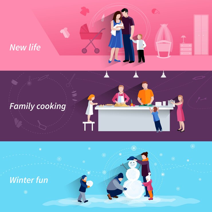 Vetor grátis momentos felizes da família 3 bandeiras lisas ajustadas com cozinhar e fazer junto a ilustração isolada abstrata do vetor do boneco de neve