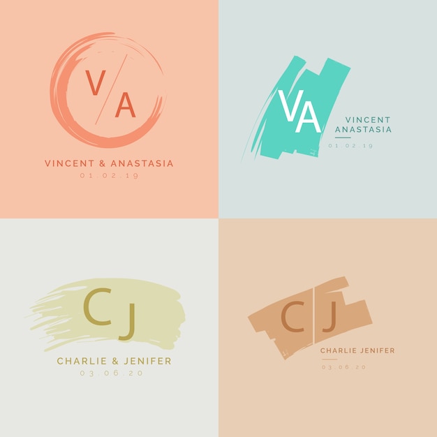 Vetor grátis monogramas de casamento minimalista colorido em cores pastel