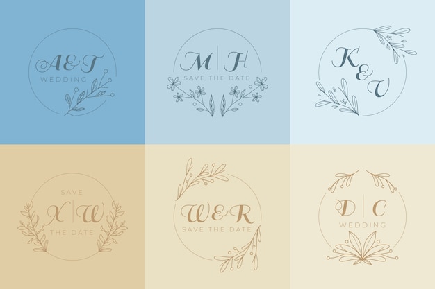 Monogramas de casamento minimalista colorido em cores pastel