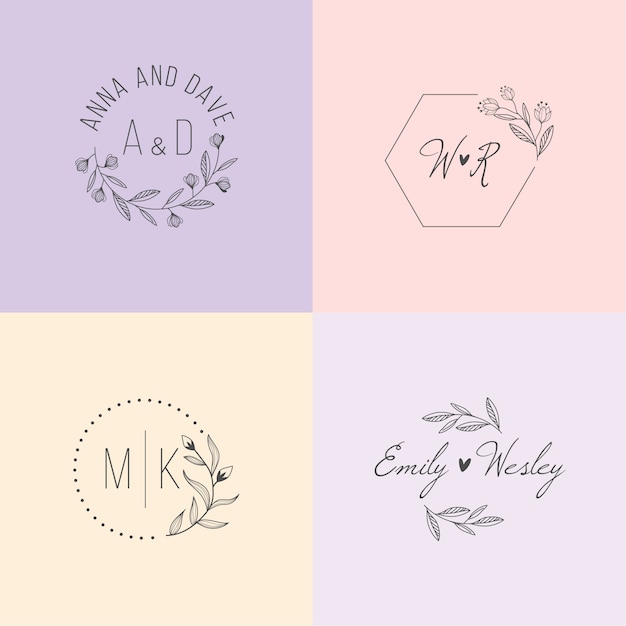Monogramas de casamento na coleção de cores pastel