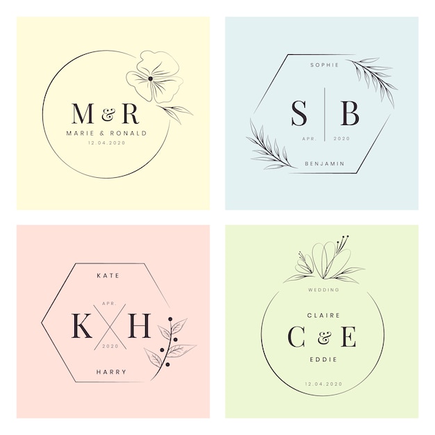 Vetor grátis monogramas minimalistas de casamento em tons pastel