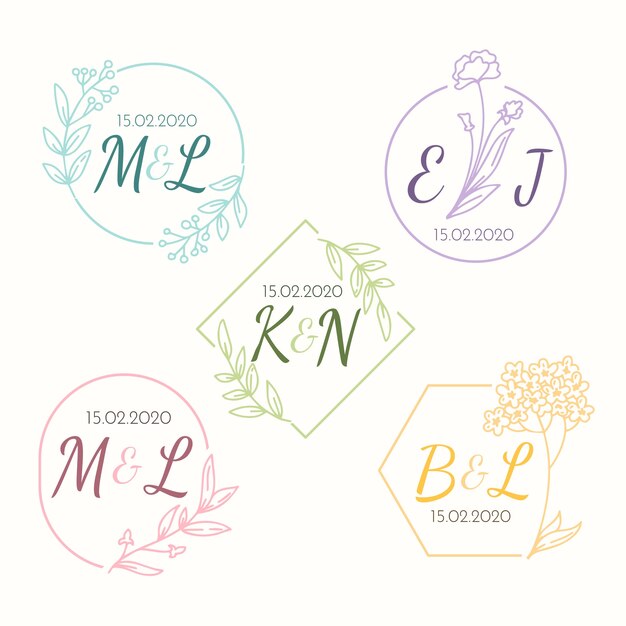 Monogramas minimalistas de casamento em tons pastel