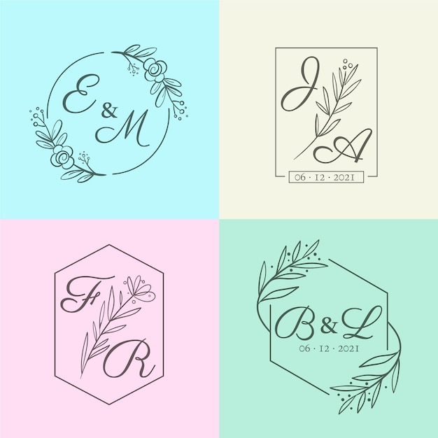 Monogramas minimalistas de casamento em tons pastel
