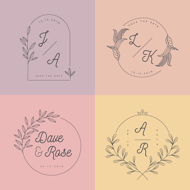 Monogramas minimalistas do casamento das cores pastel