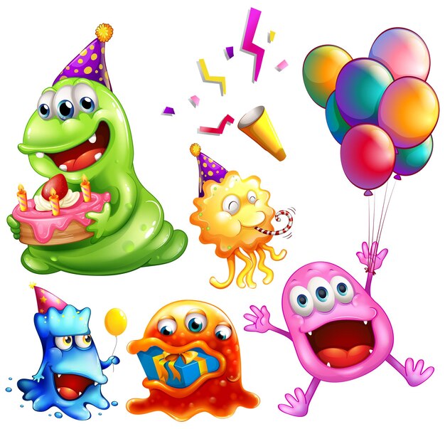 Monstros na festa com bolo e balões